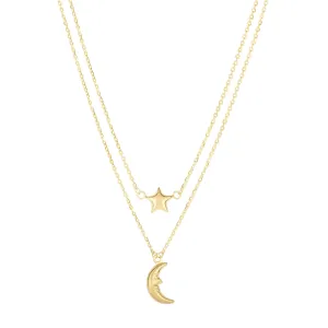 14K Gold Polished Moon & Star Multi-Strand Necklace