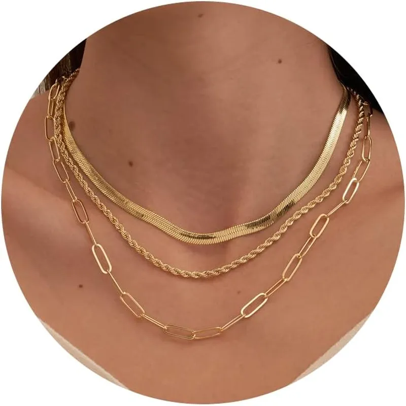 14K Gold/Silver Plated Necklaces -  Snake Chain, Herringbone, Rope or Layered