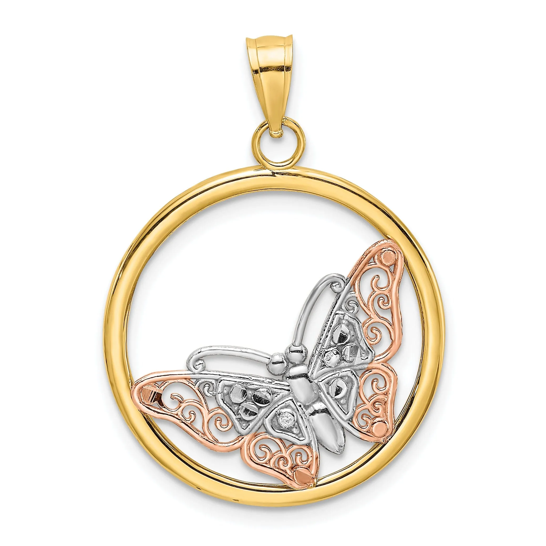 14k Two-tone Gold Open Back Solid Polished Finish Butterfly In Round Frame Charm Pendant