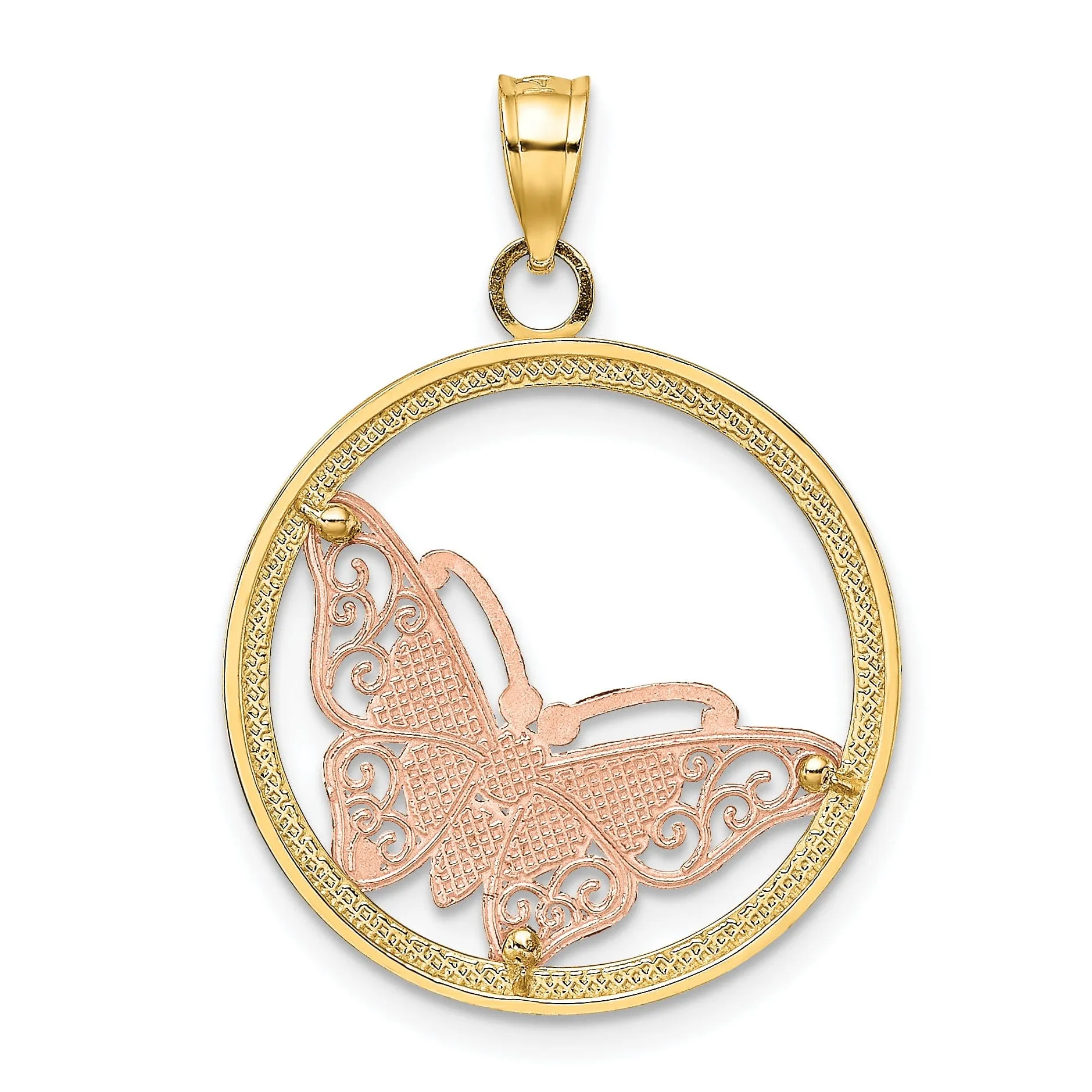 14k Two-tone Gold Open Back Solid Polished Finish Butterfly In Round Frame Charm Pendant