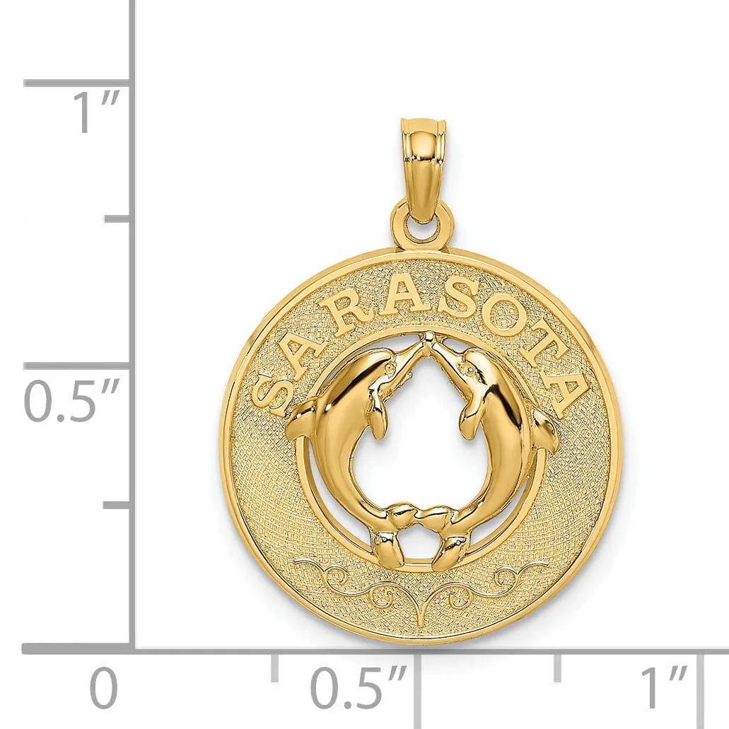 14K Yellow Gold SARASOTA Florida with Dolphins Design Charm Pendant