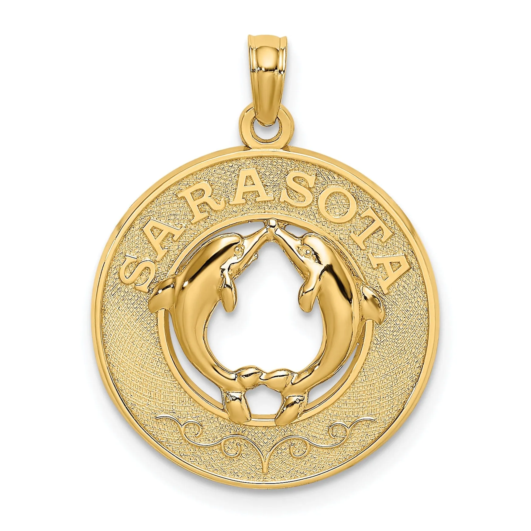 14K Yellow Gold SARASOTA Florida with Dolphins Design Charm Pendant