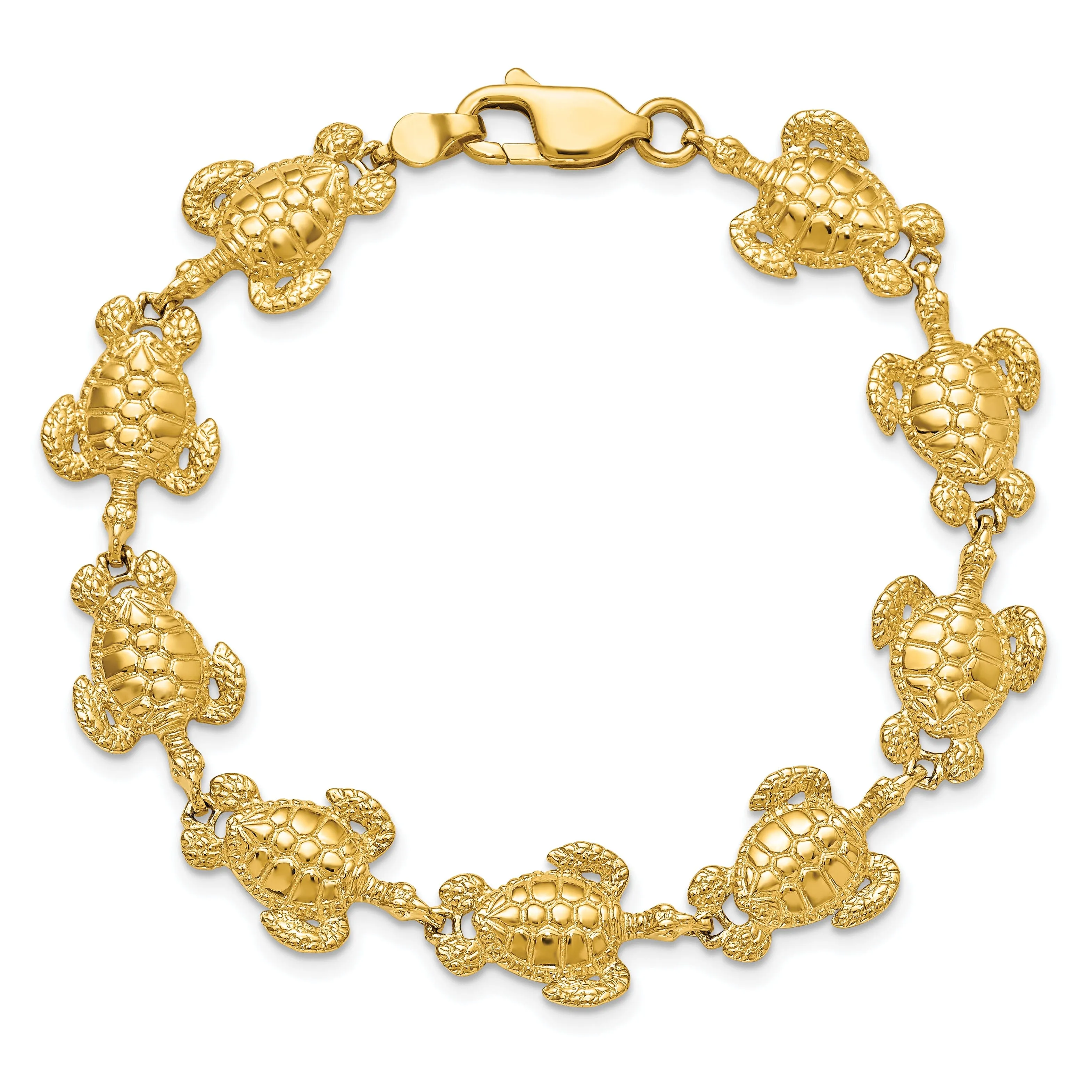 14k Yellow Gold Sea Turtle Bracelet. Polished finish, 12mm width, 7.25" length