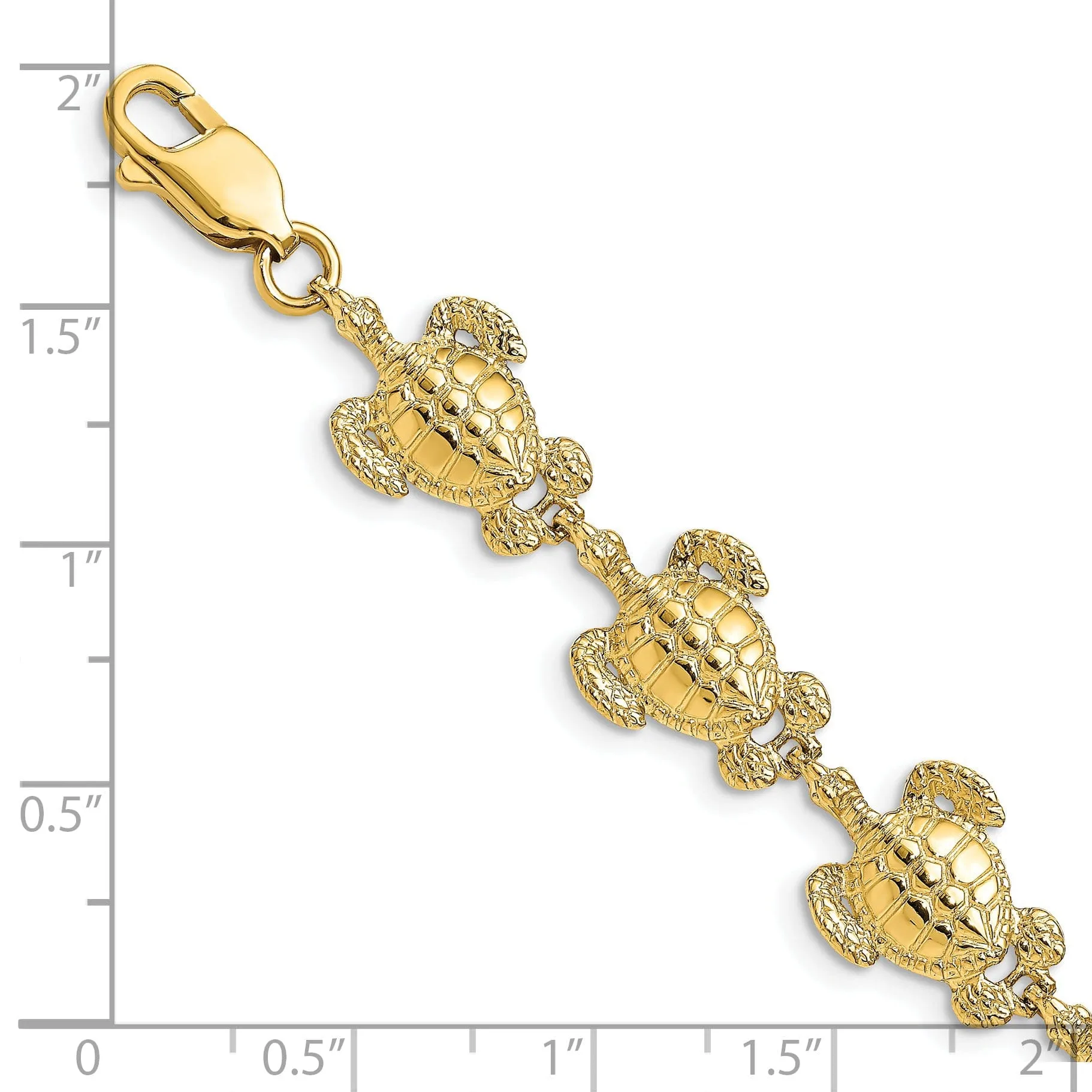 14k Yellow Gold Sea Turtle Bracelet. Polished finish, 12mm width, 7.25" length