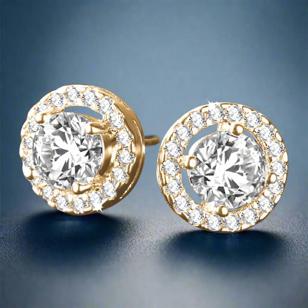 18K Gold Plated Enchanted Halo 3.32 Tcw Round Cut Simulated Diamond CZ Stud Earrings For Woman