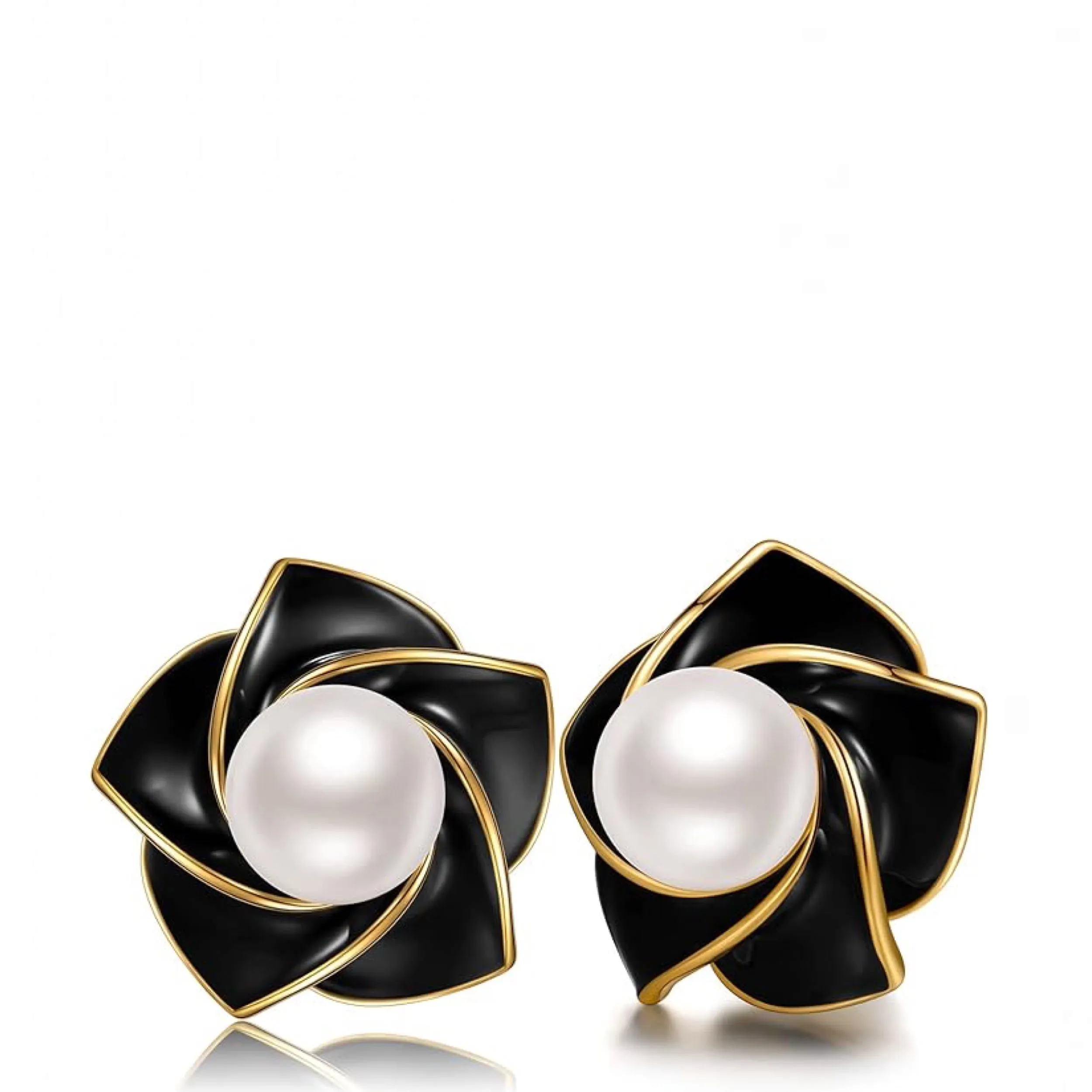 18K Gold White Pearl & Black Enamel Post Earrings