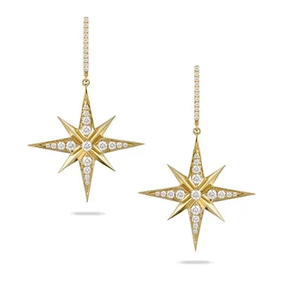 18K Yellow Gold Diamond Star Dangle Earrings in Satin Finish