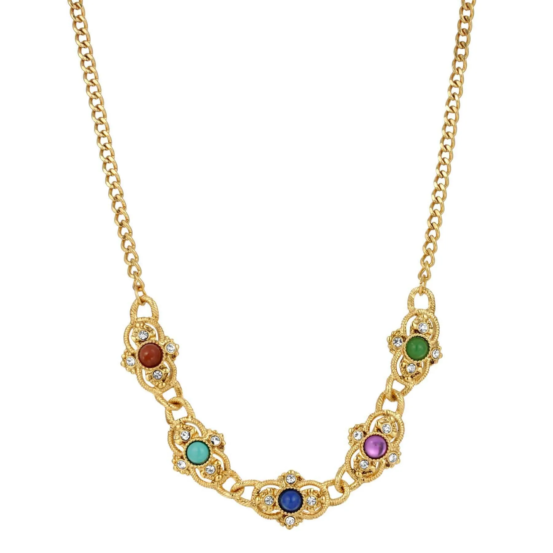 1928 Jewelry Prestige Textured Link Crystal Multi Color Stone Collar Necklace 15"   3" Extender