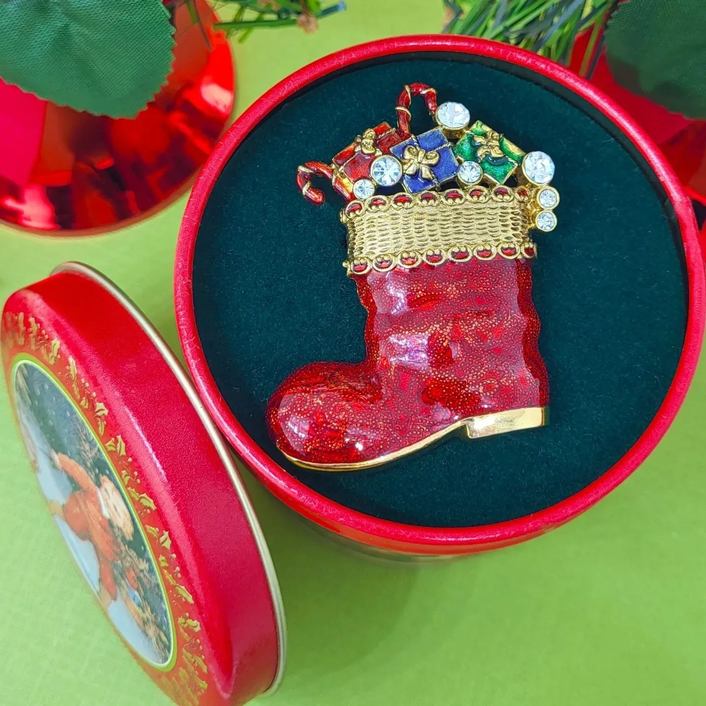 1928 Jewelry Red Christmas Boot Crystal & Gifts Brooch