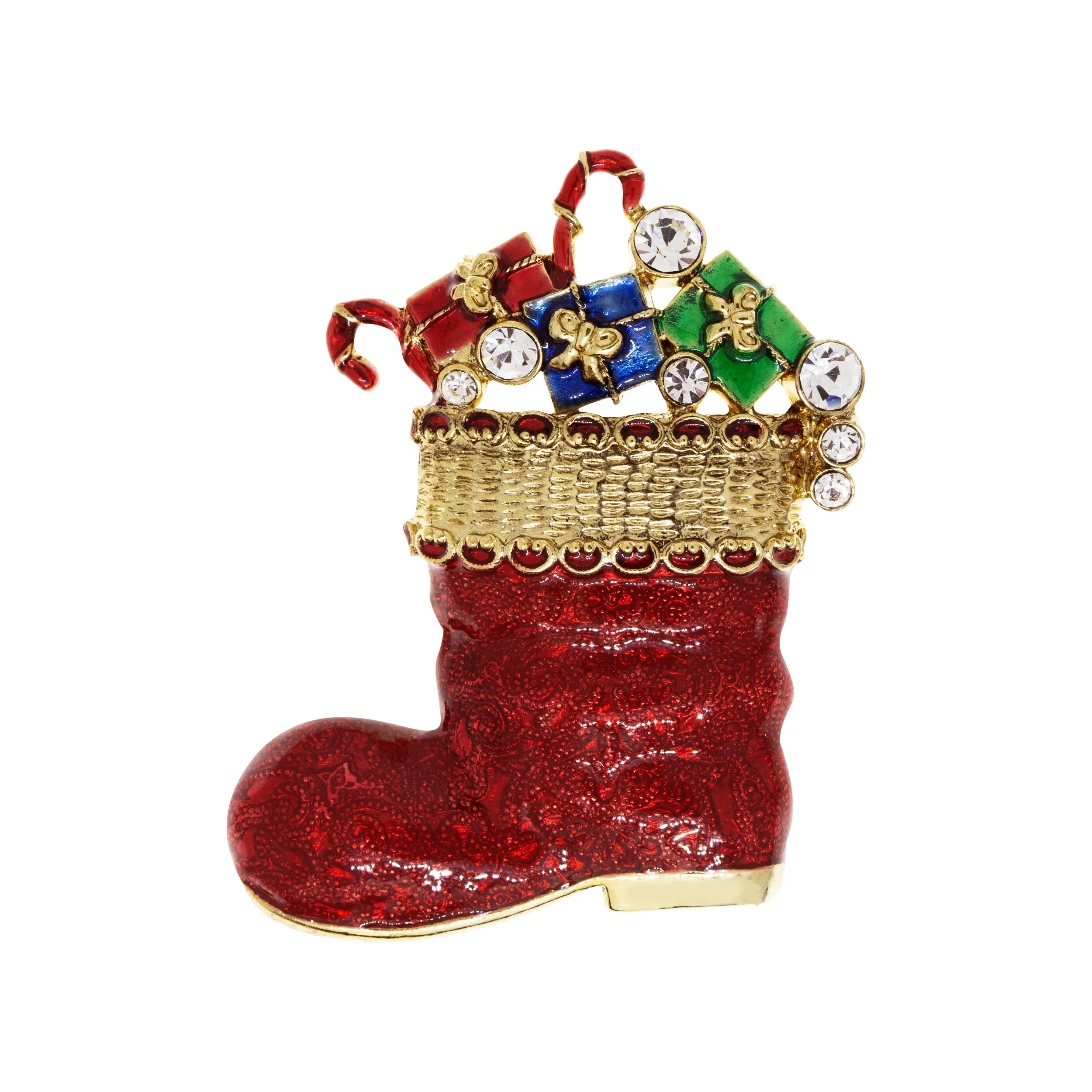 1928 Jewelry Red Christmas Boot Crystal & Gifts Brooch