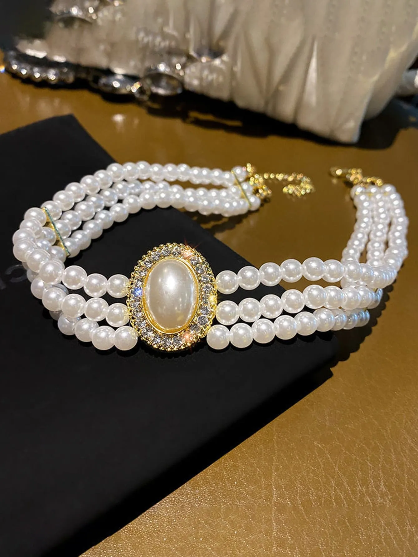 1pc Elegant Faux Pearl & Rhinestone Decor Layered Choker for Women Jewelry for