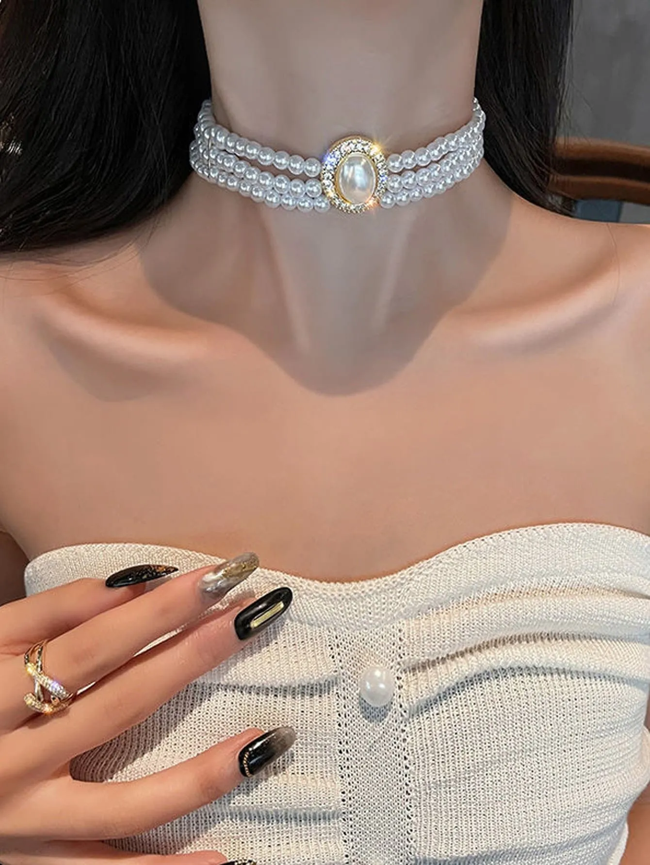 1pc Elegant Faux Pearl & Rhinestone Decor Layered Choker for Women Jewelry for