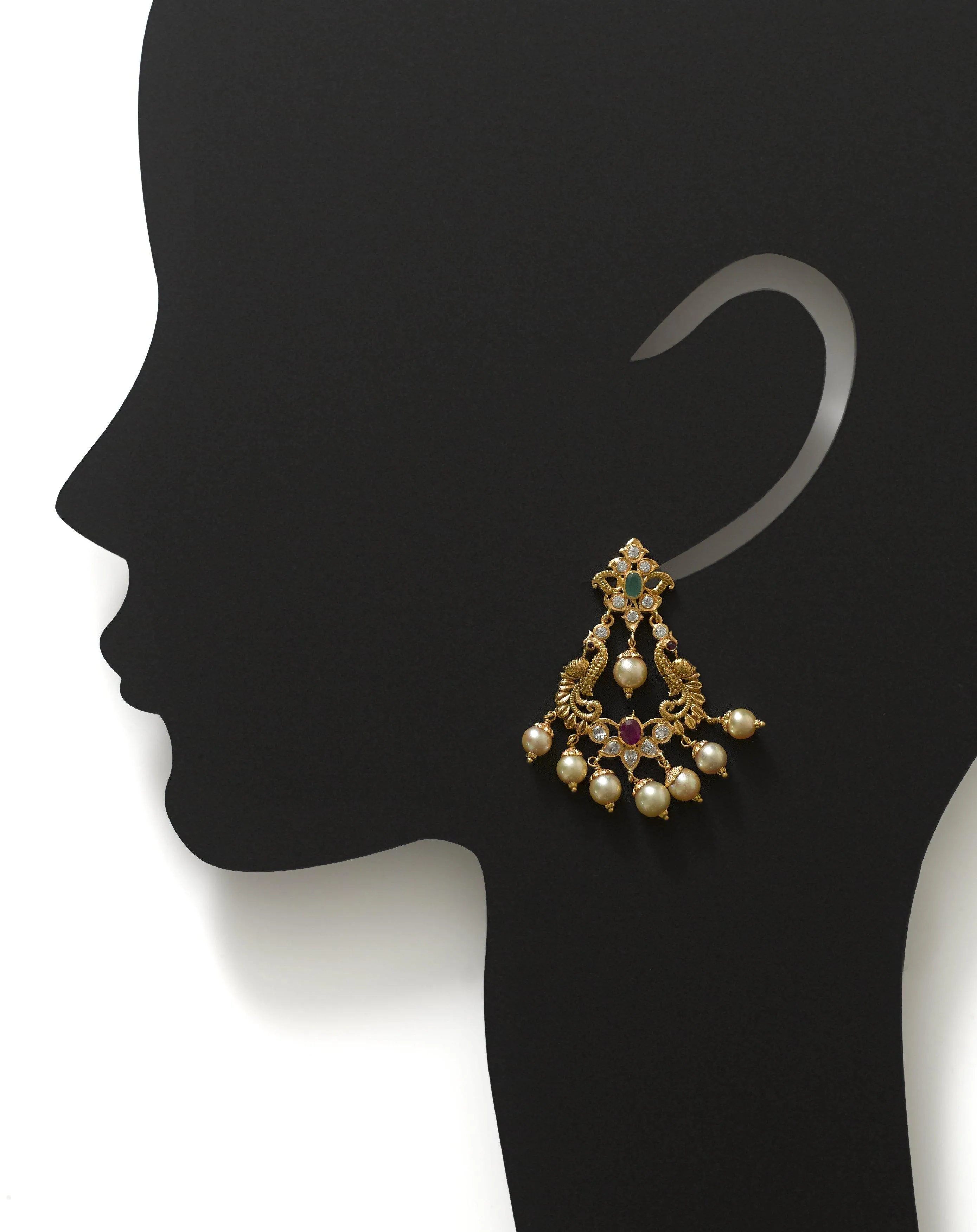 22K Yellow Gold Guttapusalu Necklace & Earrings Set W/ Pearls, Rubies, Emeralds, CZ Polki & Lord Ganesh Accents