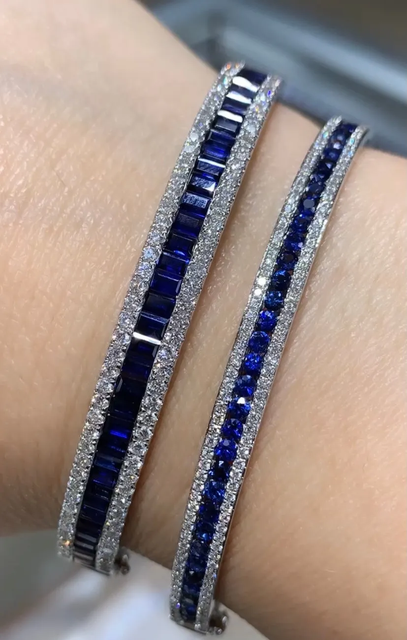 2.50 ct tw Blue Sapphire & Diamond White Gold Bangle Bracelet