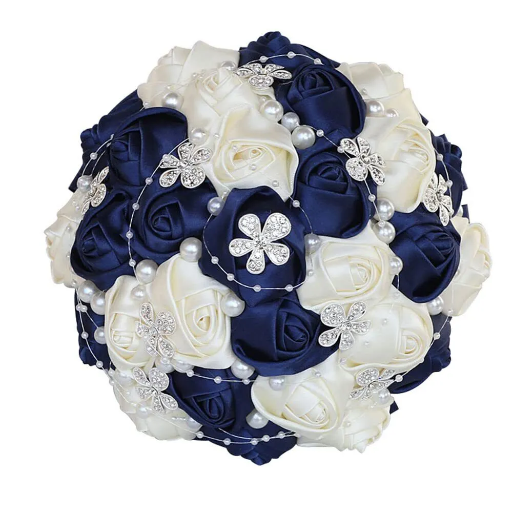 5.9 Inch Handmade Satin Rose Bridal Bouquet Toss Round Wedding Bouquet