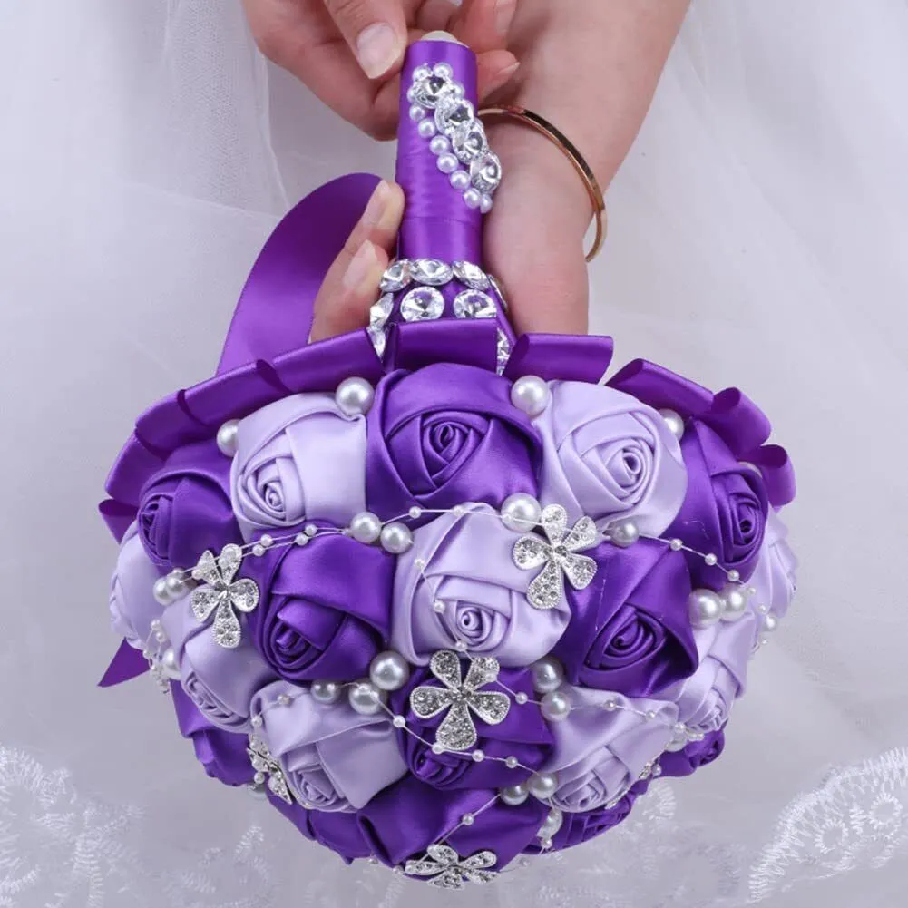 5.9 Inch Handmade Satin Rose Bridal Bouquet Toss Round Wedding Bouquet