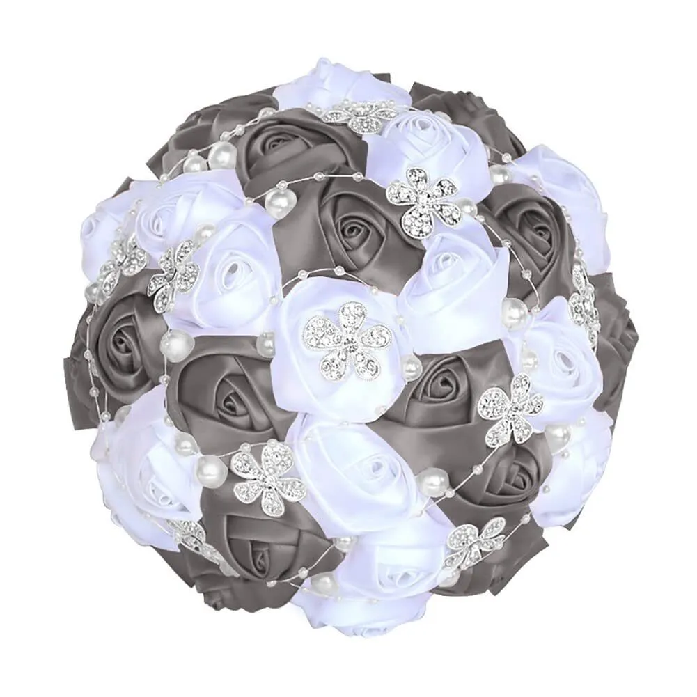 5.9 Inch Handmade Satin Rose Bridal Bouquet Toss Round Wedding Bouquet