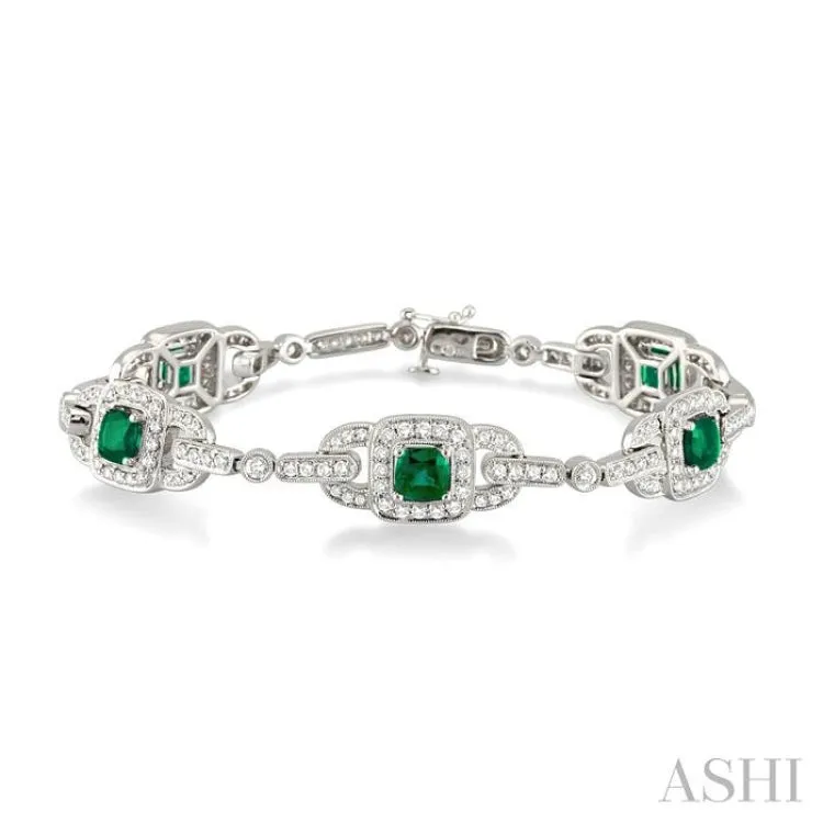 5x5mm Cushion Cut Emerald and 2 Ctw Round Cut Diamond Bracelet in 14K White Gold