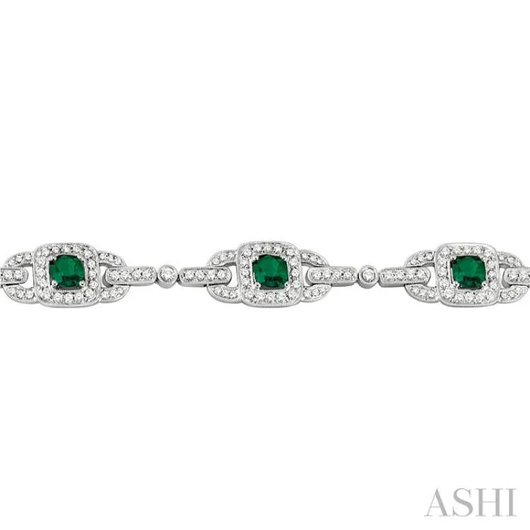 5x5mm Cushion Cut Emerald and 2 Ctw Round Cut Diamond Bracelet in 14K White Gold