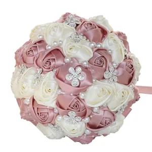 7.1 Inch Handmade Satin Rose Bridal Bouquet Toss Round Wedding Bouquet