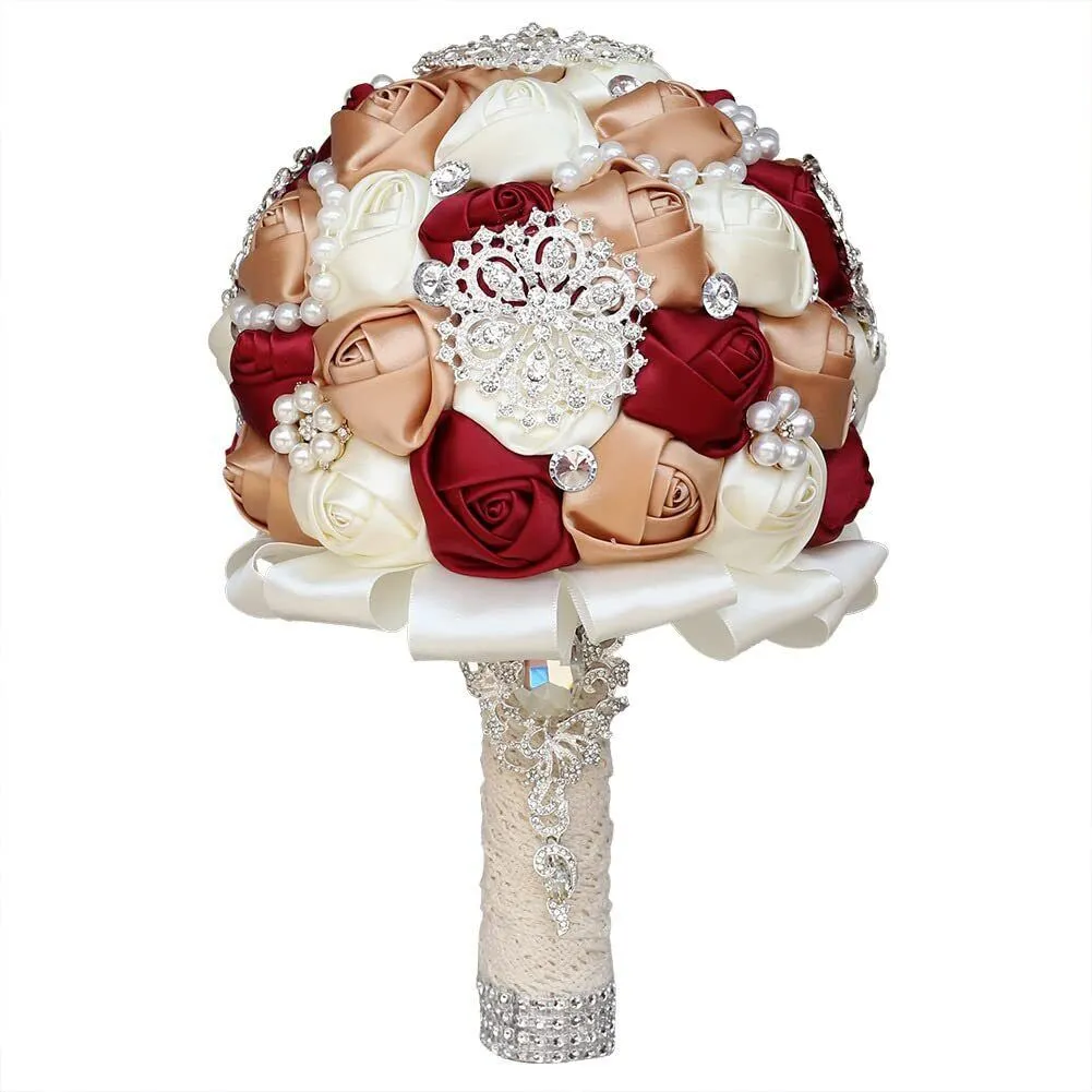 7.9 Inch Handmade Satin Rose Bridal Bouquet Toss Round Wedding Bouquet