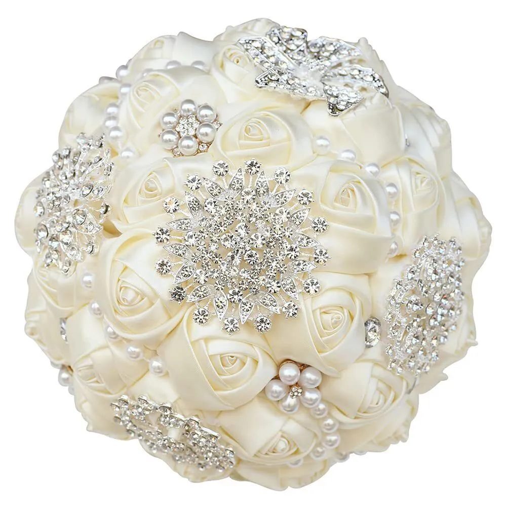 7.9 Inch Handmade Satin Rose Bridal Bouquet Toss Round Wedding Bouquet