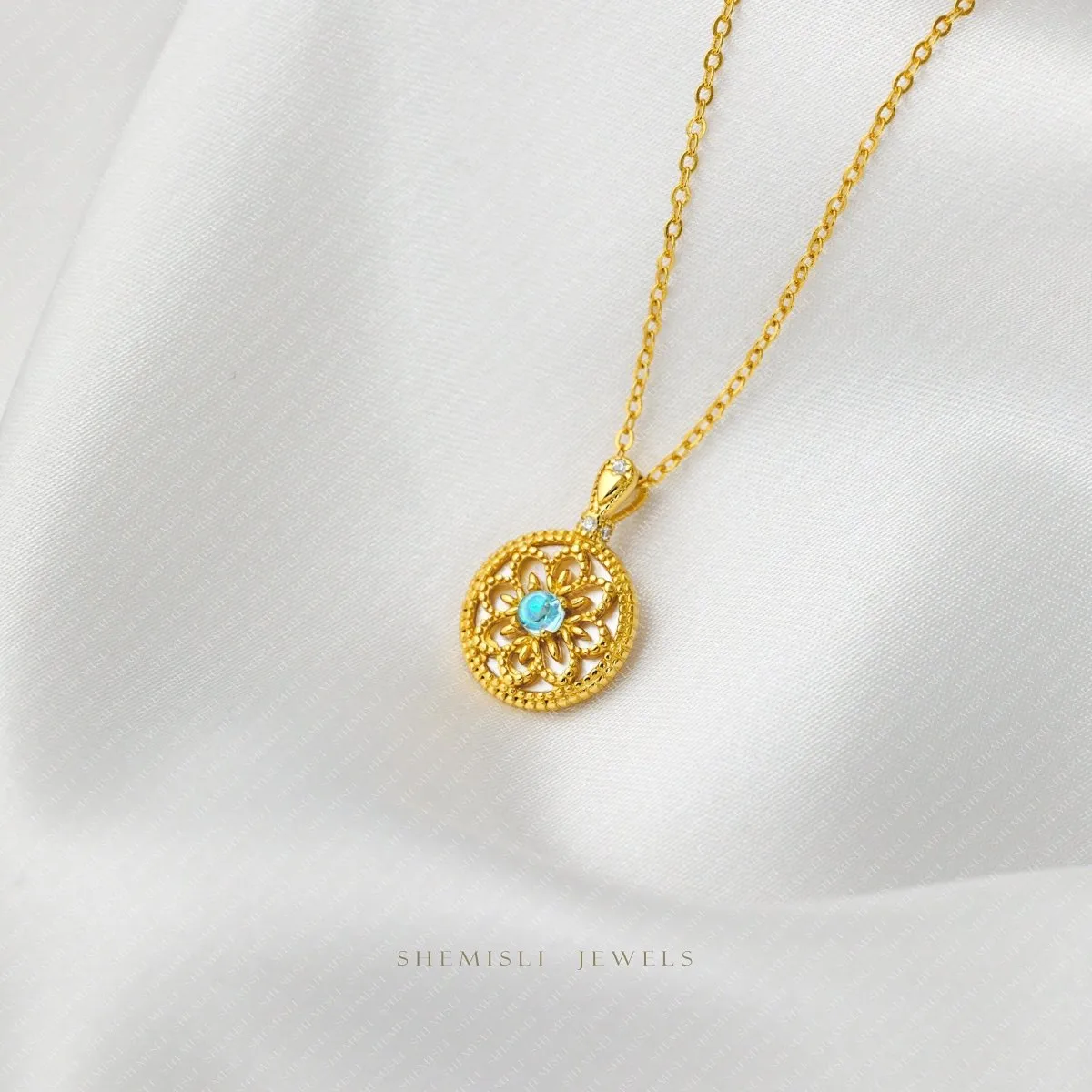 Aqua Blue Gem Filigree Disc Necklace, Silver or Gold Plated SHEMISLI - SN038