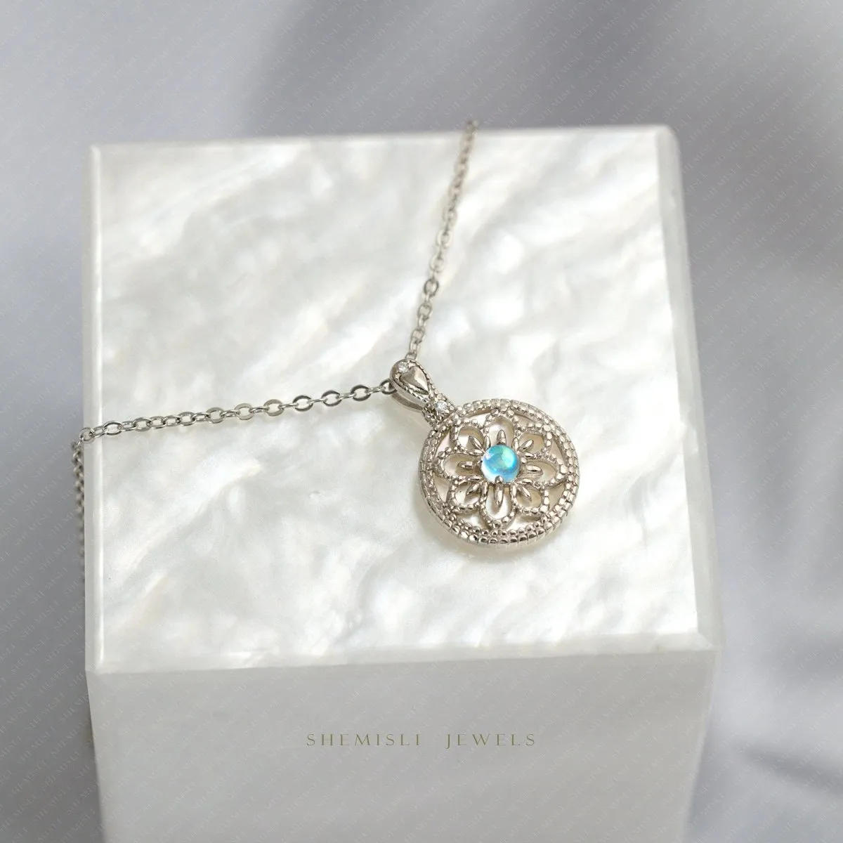 Aqua Blue Gem Filigree Disc Necklace, Silver or Gold Plated SHEMISLI - SN038