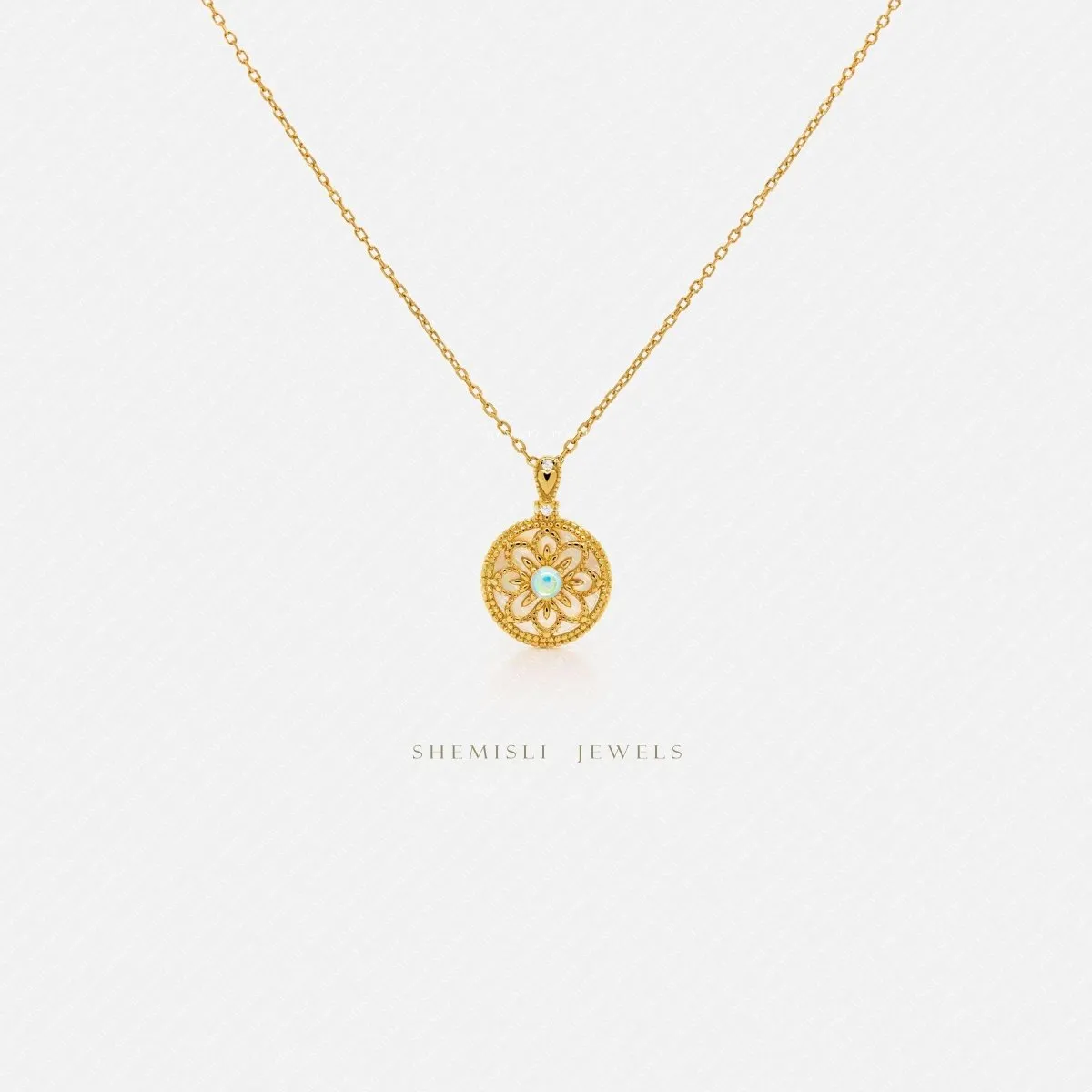 Aqua Blue Gem Filigree Disc Necklace, Silver or Gold Plated SHEMISLI - SN038