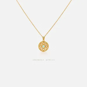 Aqua Blue Gem Filigree Disc Necklace, Silver or Gold Plated SHEMISLI - SN038