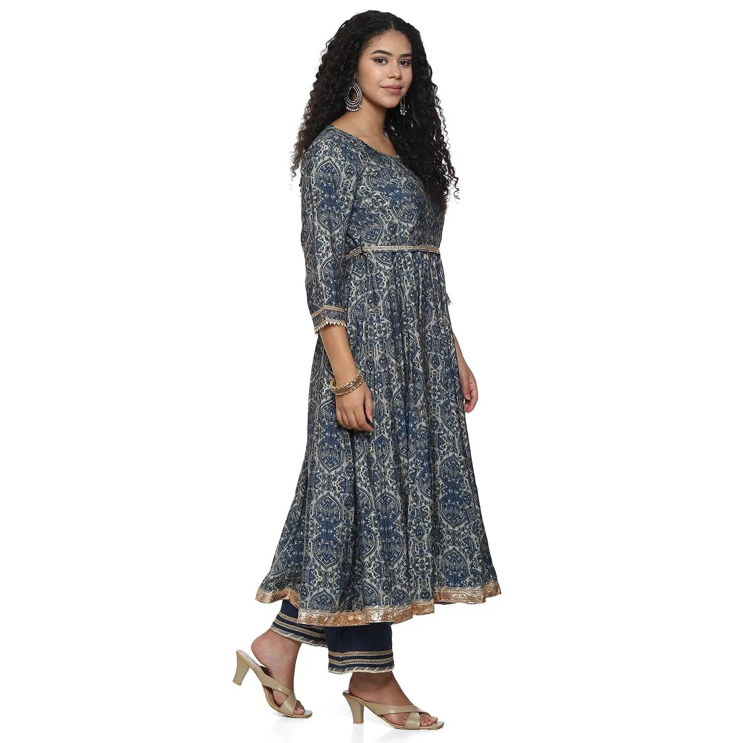 BIBA Polyester Blend Women Blue Poly Viscose Anarkali Kurta Palazzo Suit Set