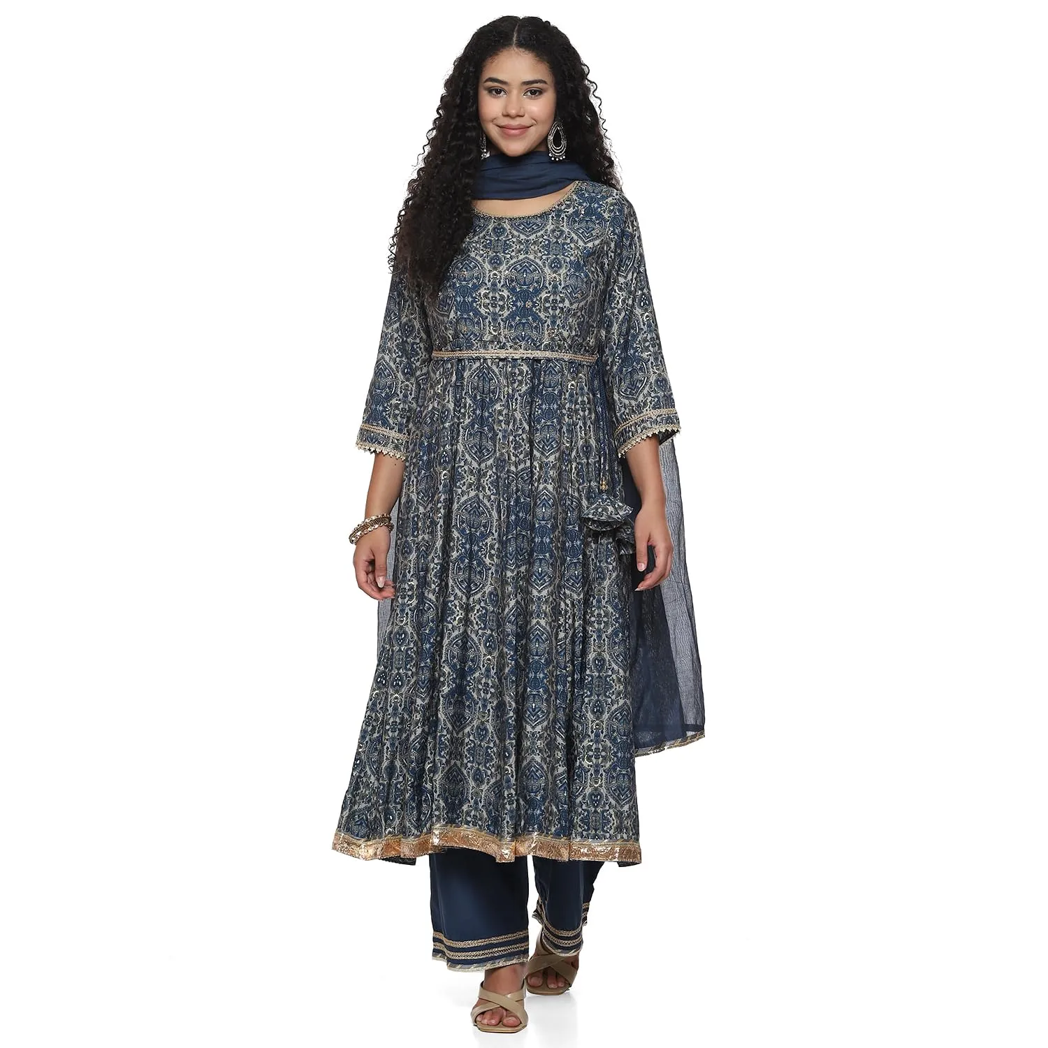 BIBA Polyester Blend Women Blue Poly Viscose Anarkali Kurta Palazzo Suit Set