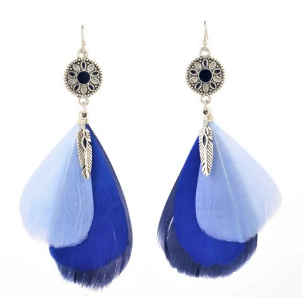 Blue Feather Long Dangle Earrings