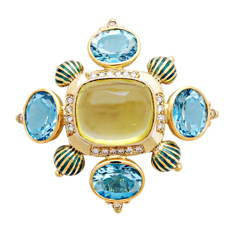 Brooch-Lemon Quartz, Blue Topaz and Diamond (Enamel)