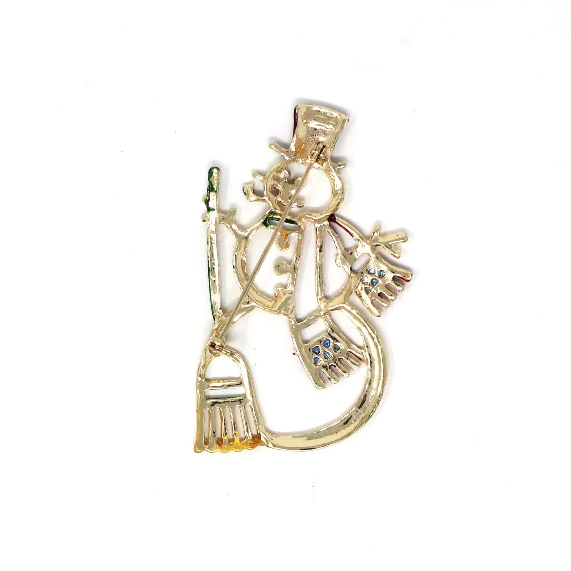 Brooch / Pin, Christmas Holiday Snowman with Broom, Rhinestones & Enamel Gold-Tone