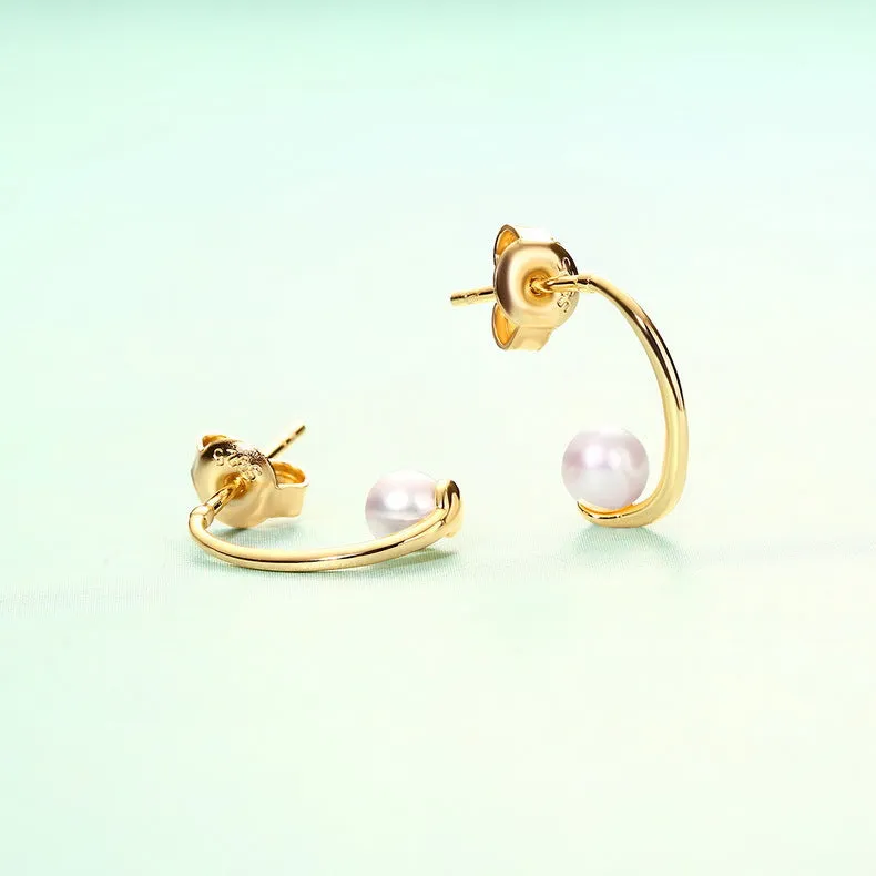 Crescent Moon Natural Pearl C Shape Sterling Silver Stud Earrings