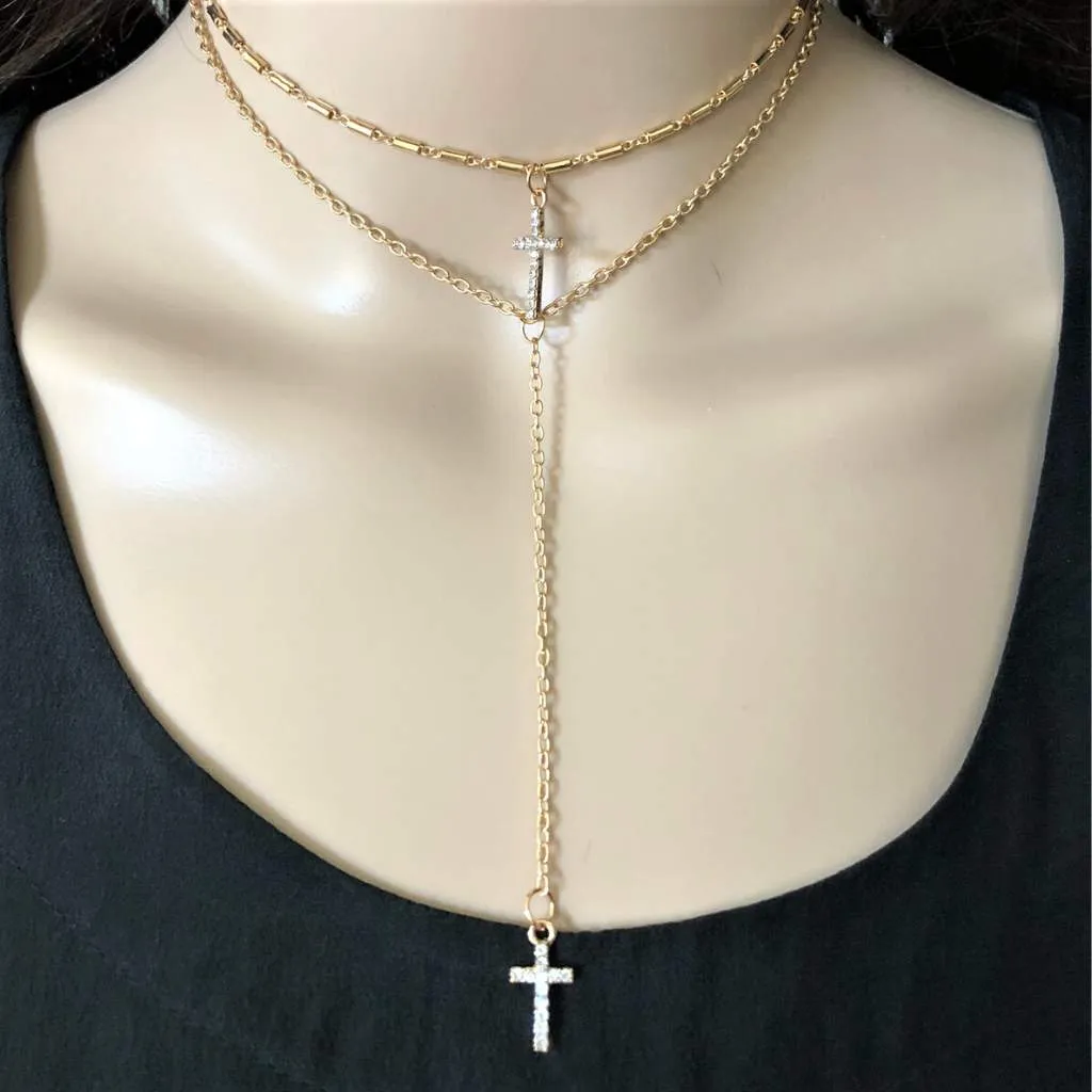 Crystal Double Layered Cross Gold or Silver Necklace