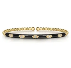 Diamond Yellow Gold Bujukan Beads Split Bangle Bracelet with Black Enamel