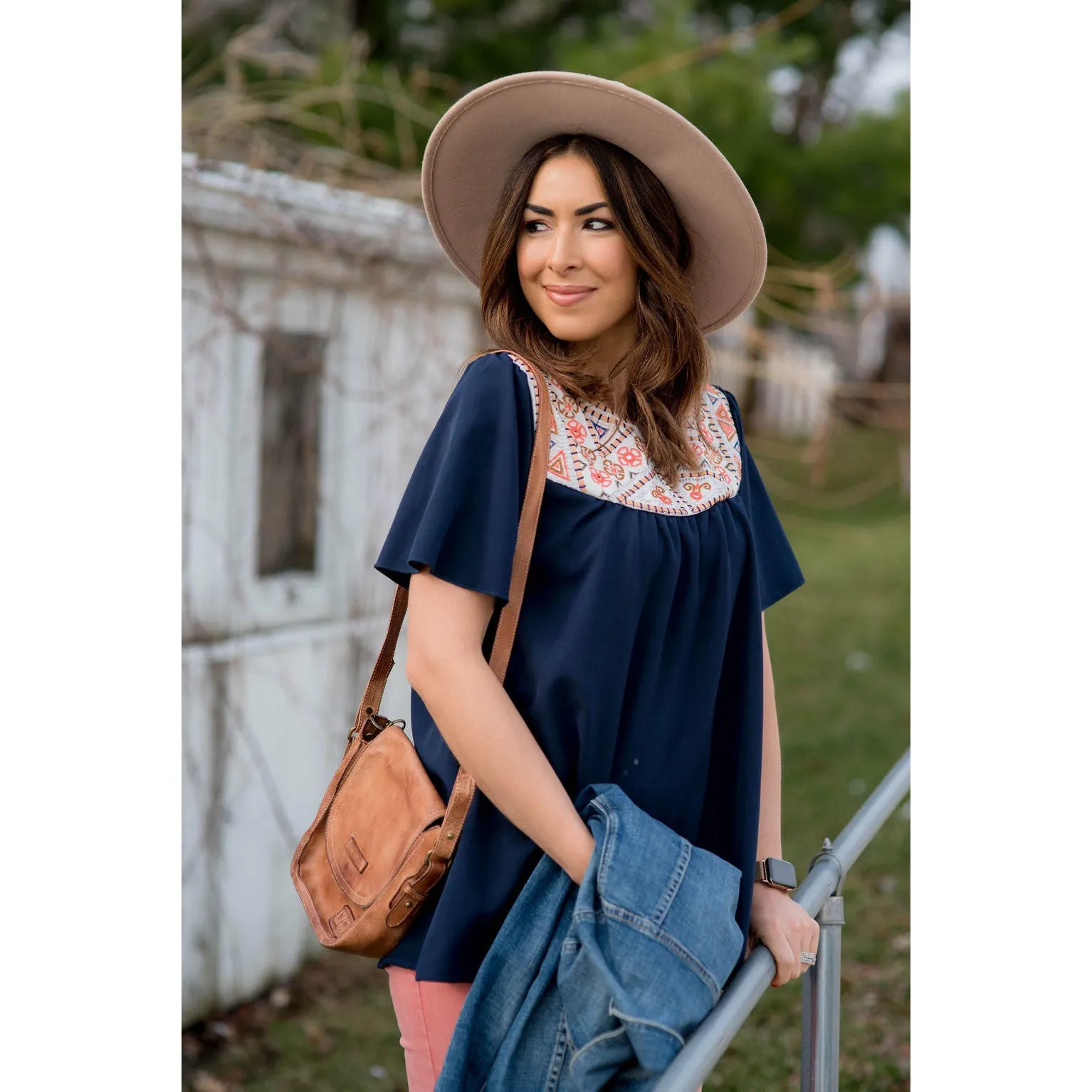 Embroidered Bib Blouse