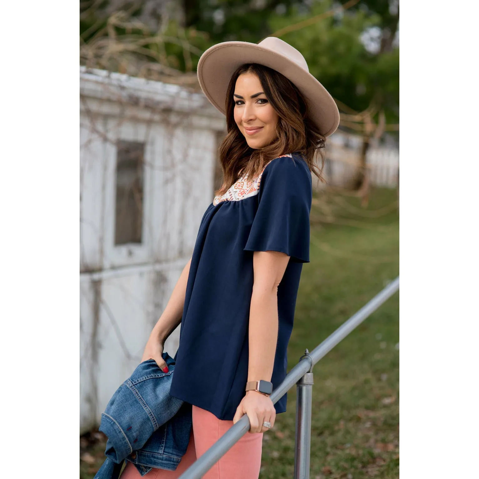 Embroidered Bib Blouse