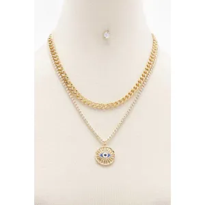 Eye Charm Rhinestone Layered Necklace