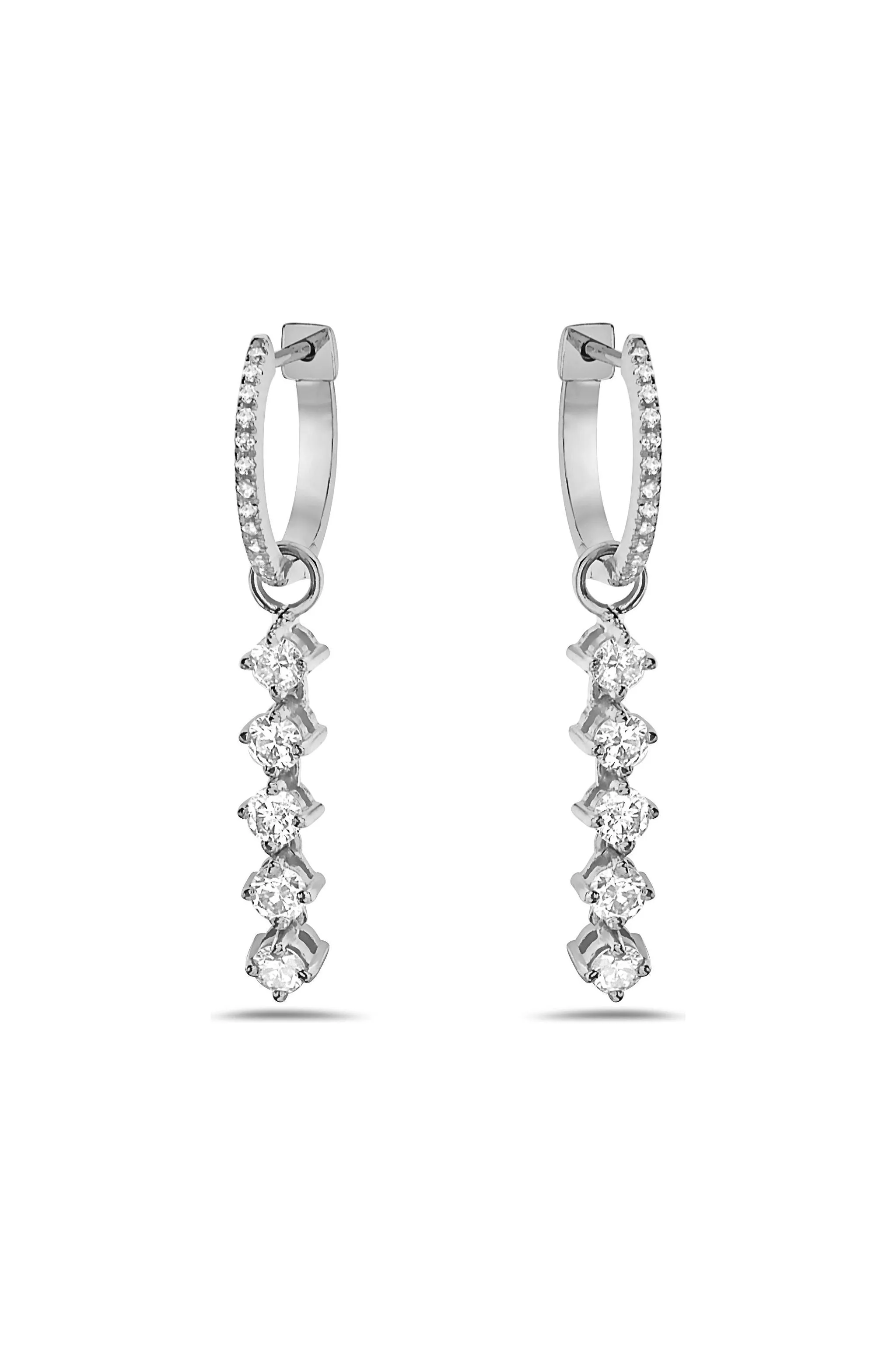 FC Creations Earrings 14K Gold Diamond Huggies with 5 Drop Diamonds | White Gold 1.05 Carats | Clearance Final Sale