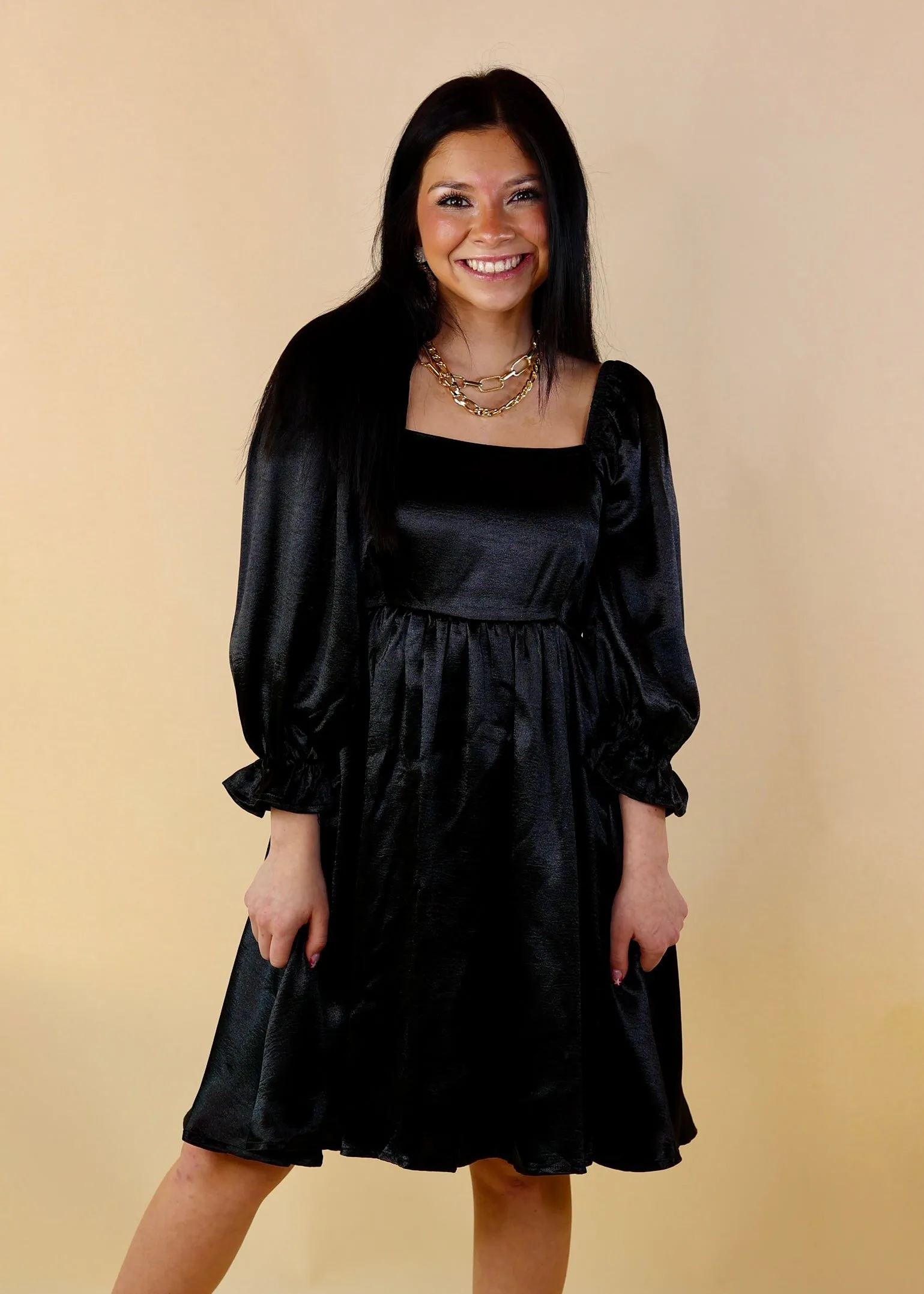 Feeling Fine Satin Babydoll Dress with 3/4 Sleeves in Black