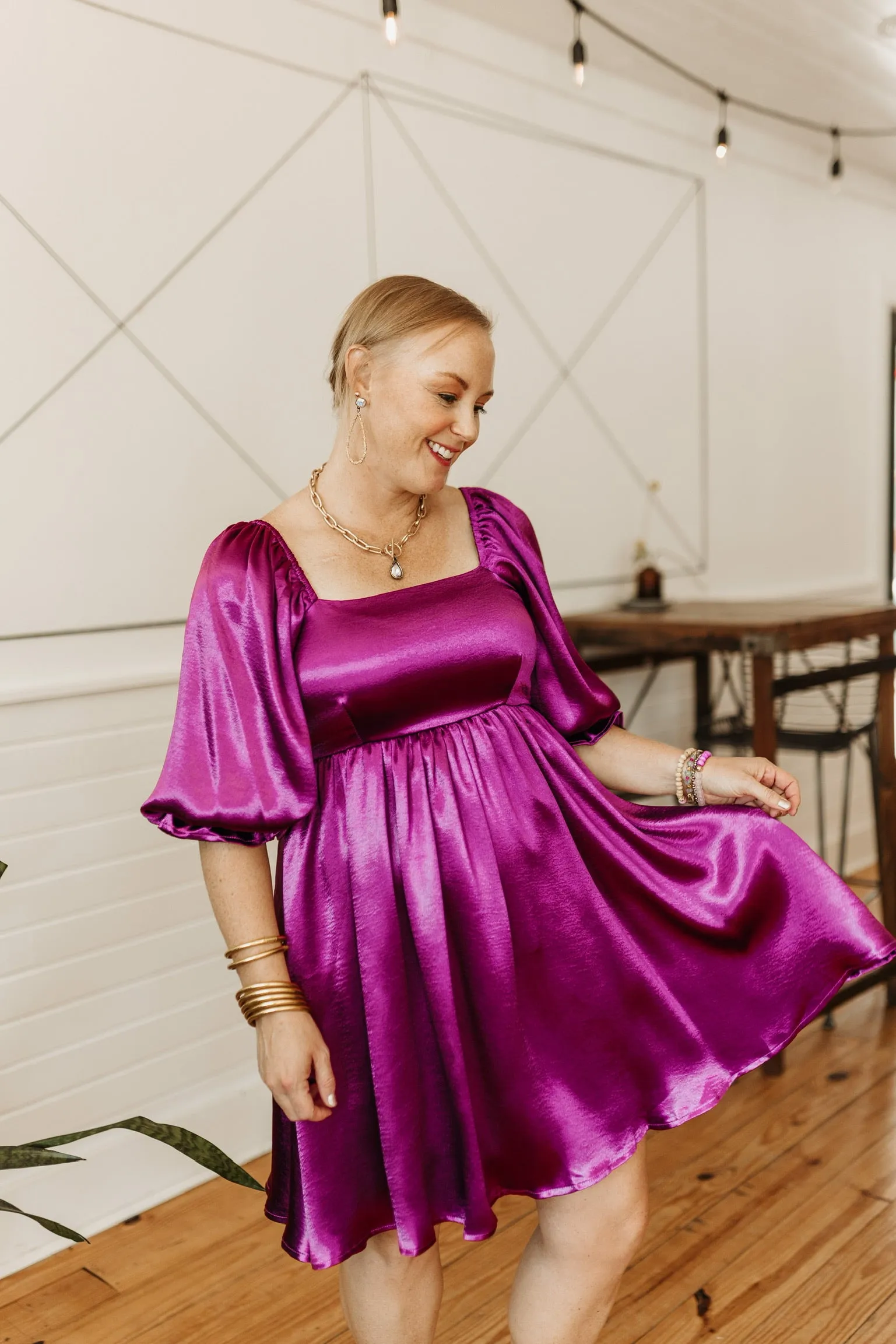 Feeling Fine Satin Babydoll Dress with 3/4 Sleeves in Magenta