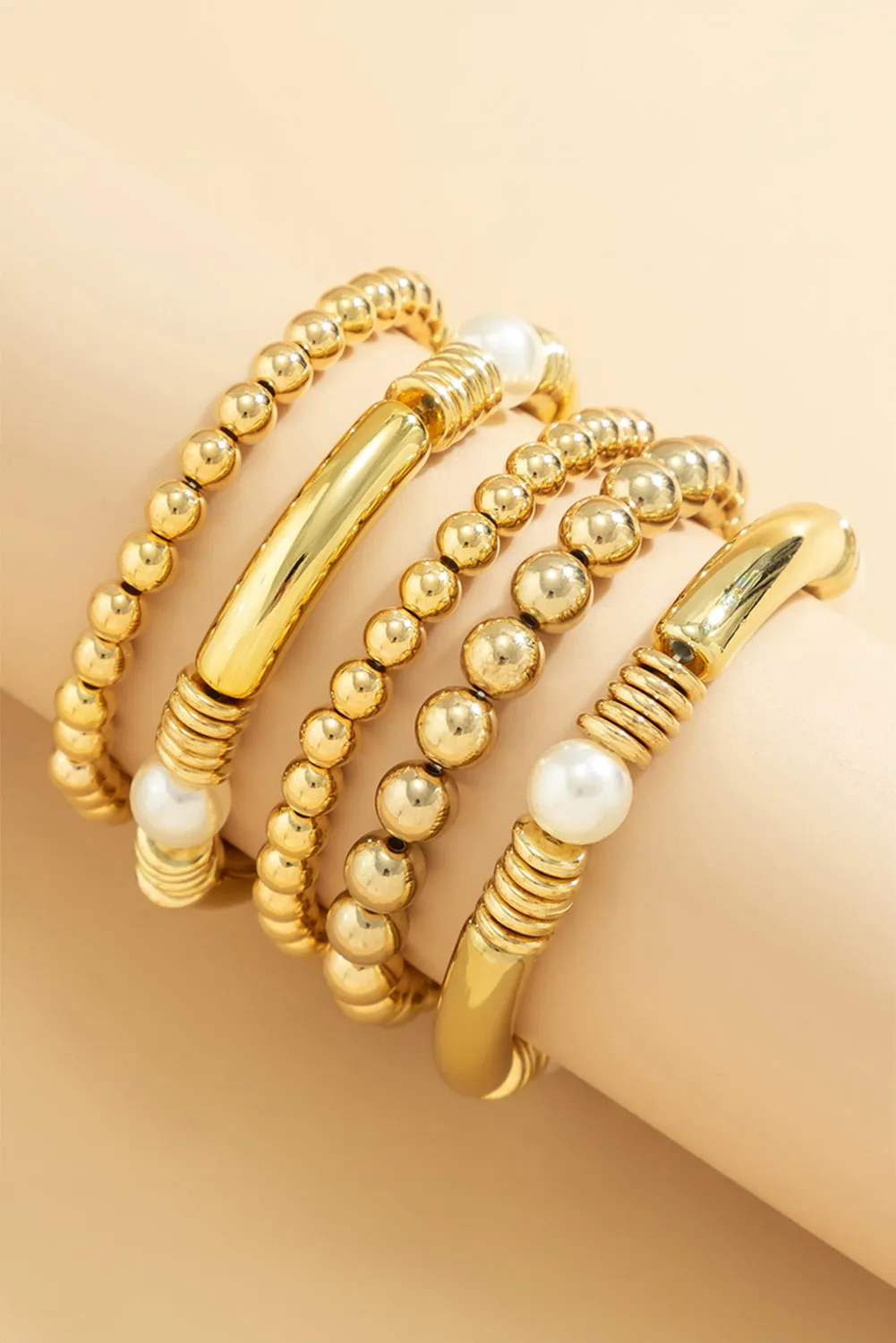 Gold 5Pcs Minimalist Pearl Bracelet Set