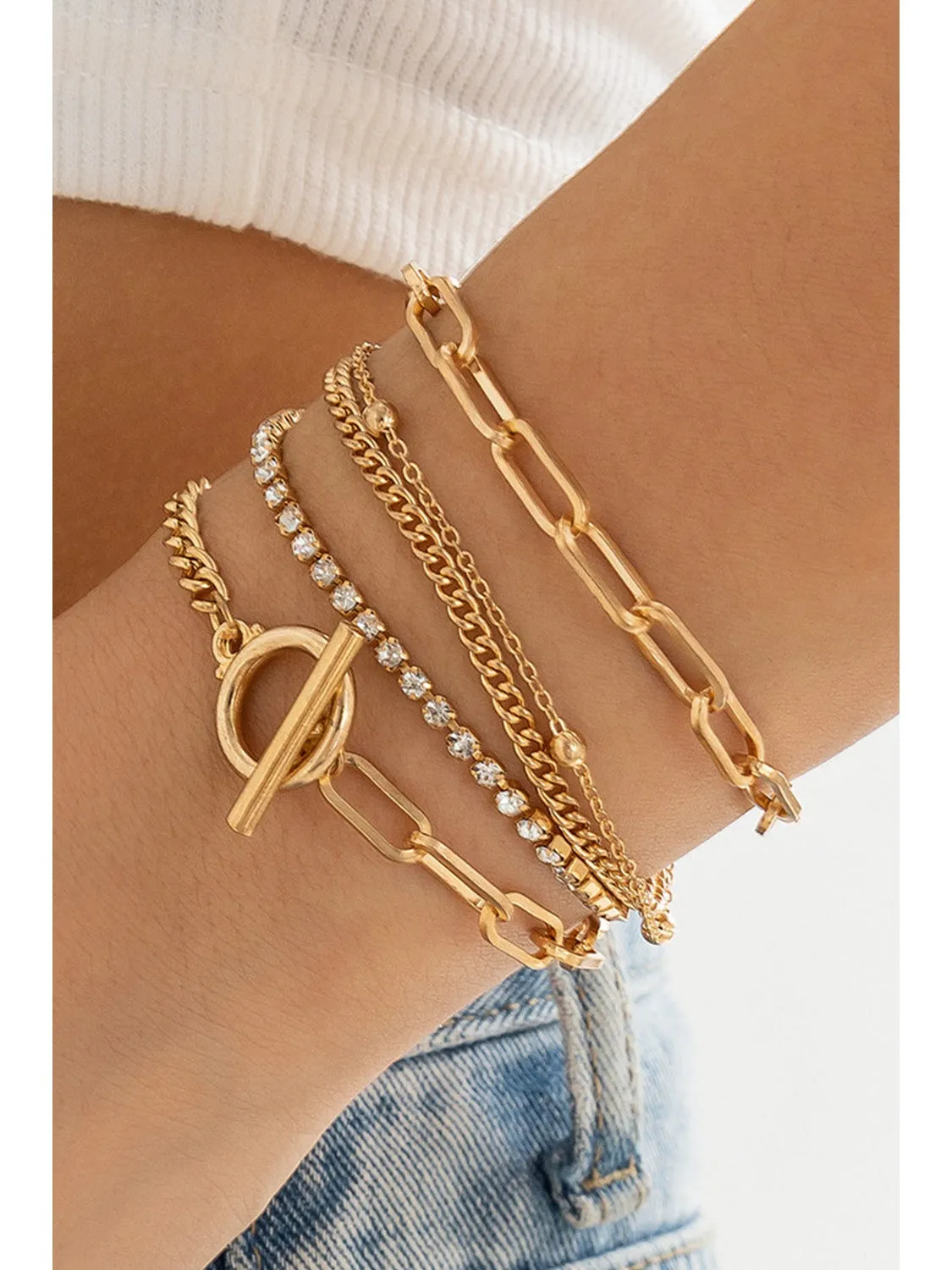 Gold 5pcs Rhinestone Chain Bracelet Set