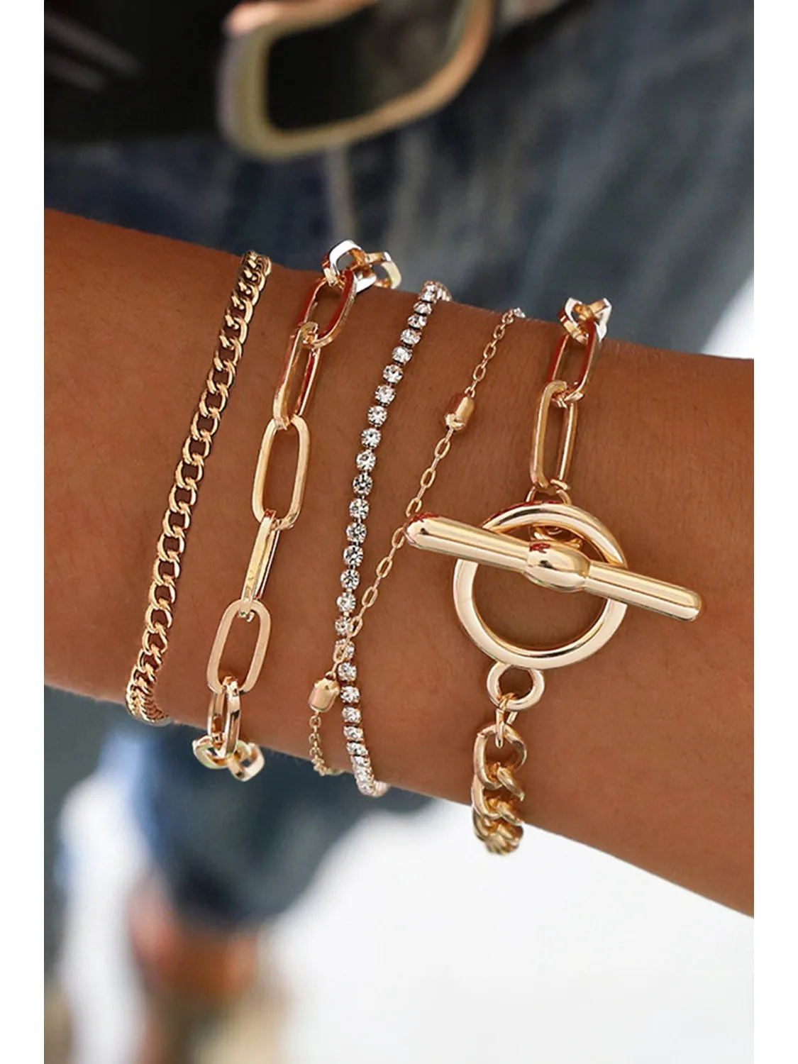 Gold 5pcs Rhinestone Chain Bracelet Set