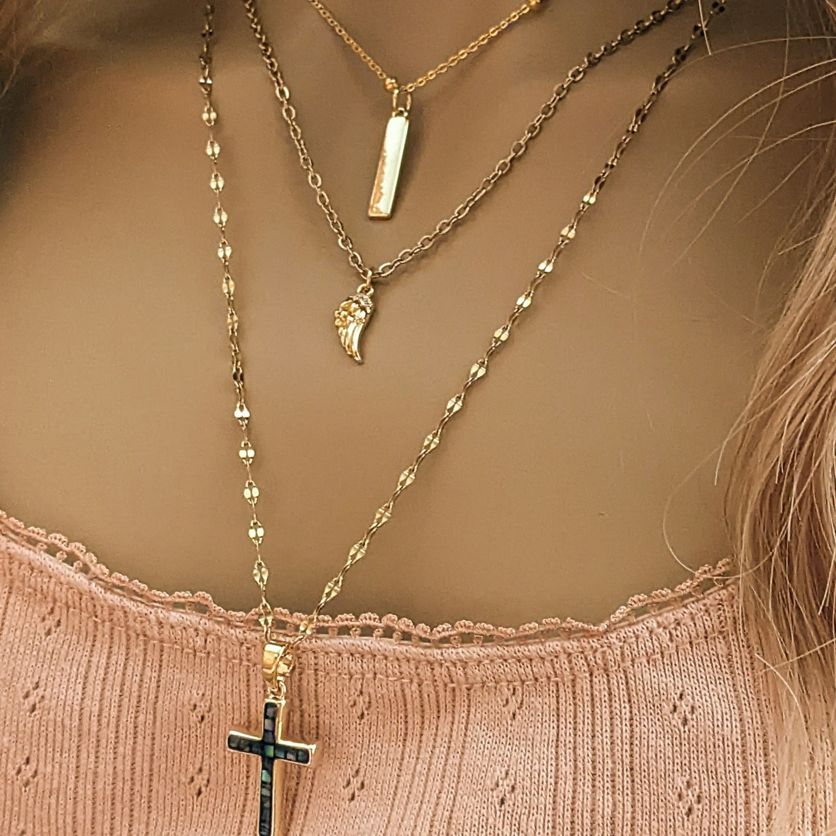 Gold Angel Wing & Cross Layered Necklace Set