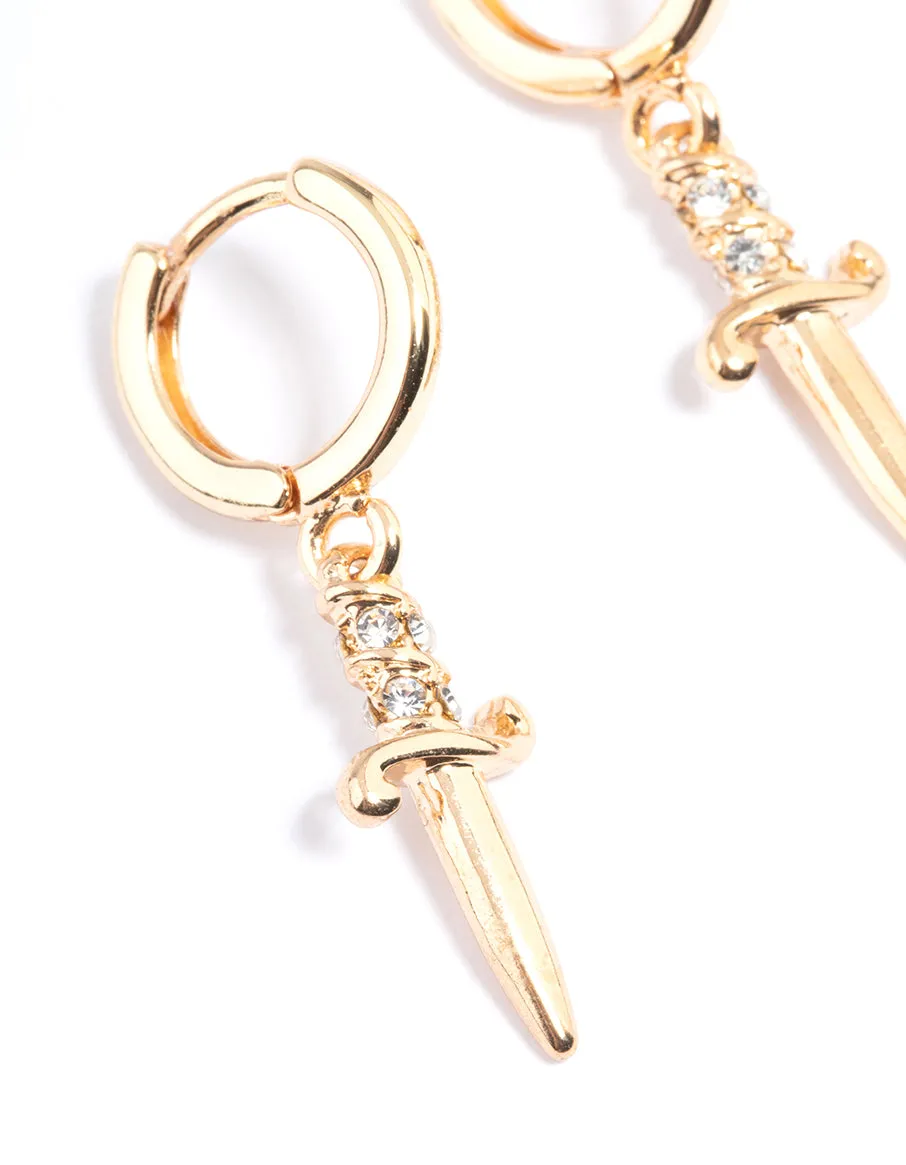 Gold Dagger Cross Huggie Earrings