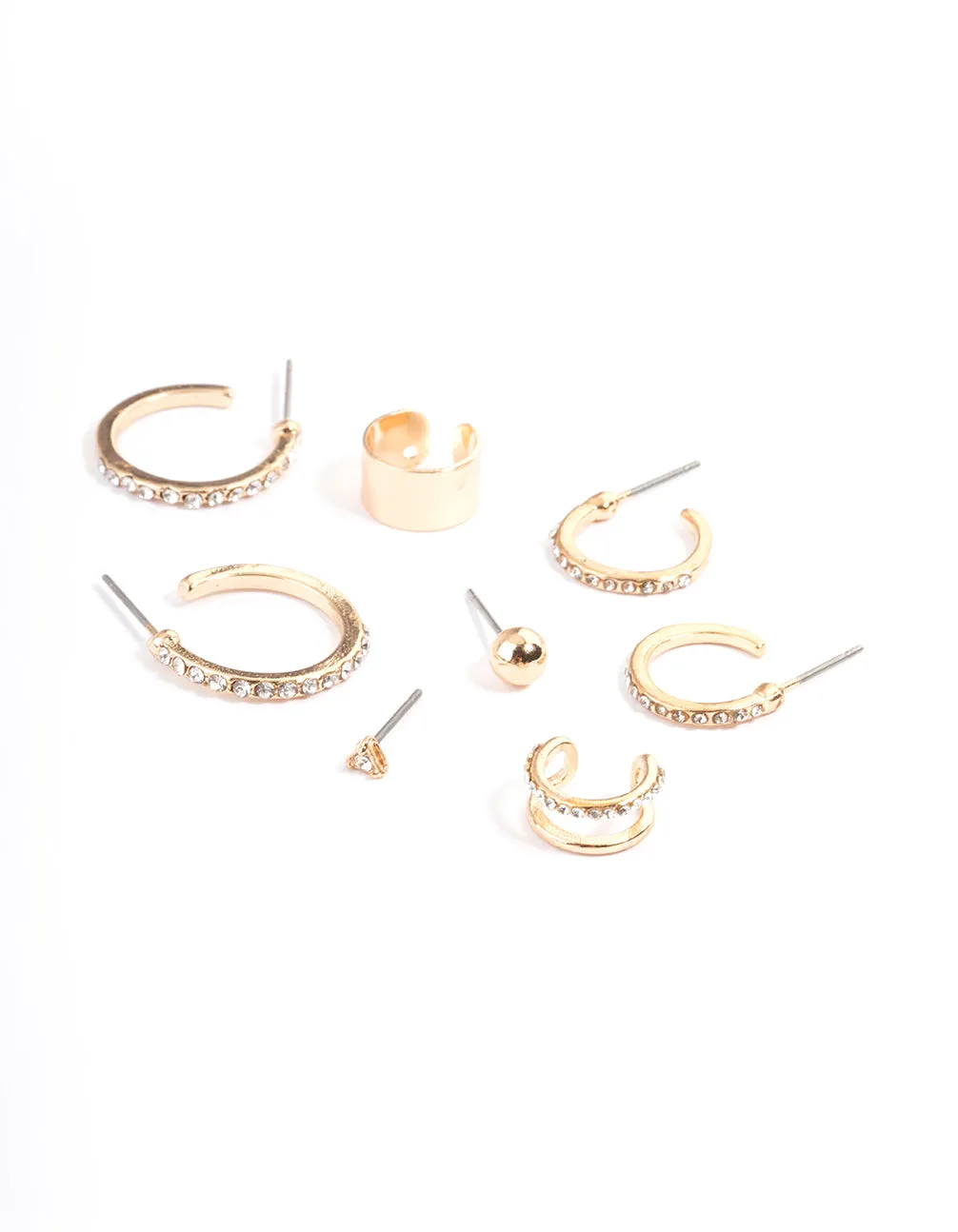 Gold Diamante Hoop, Stud & Cuff Earring Pack